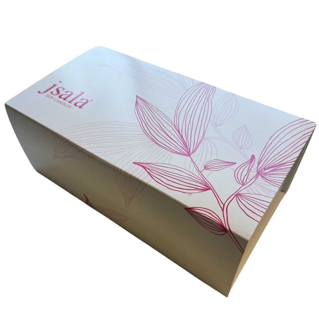 Mother’s Day gift box with a white soy candle labelled “Mum – Happy Mother’s Day”, a 100ml JSALA room spray, a personalised white face washer with the name and a flower-shaped soap in Peony Blush scent, all neatly packed in a white gift box with shredded paper filling.