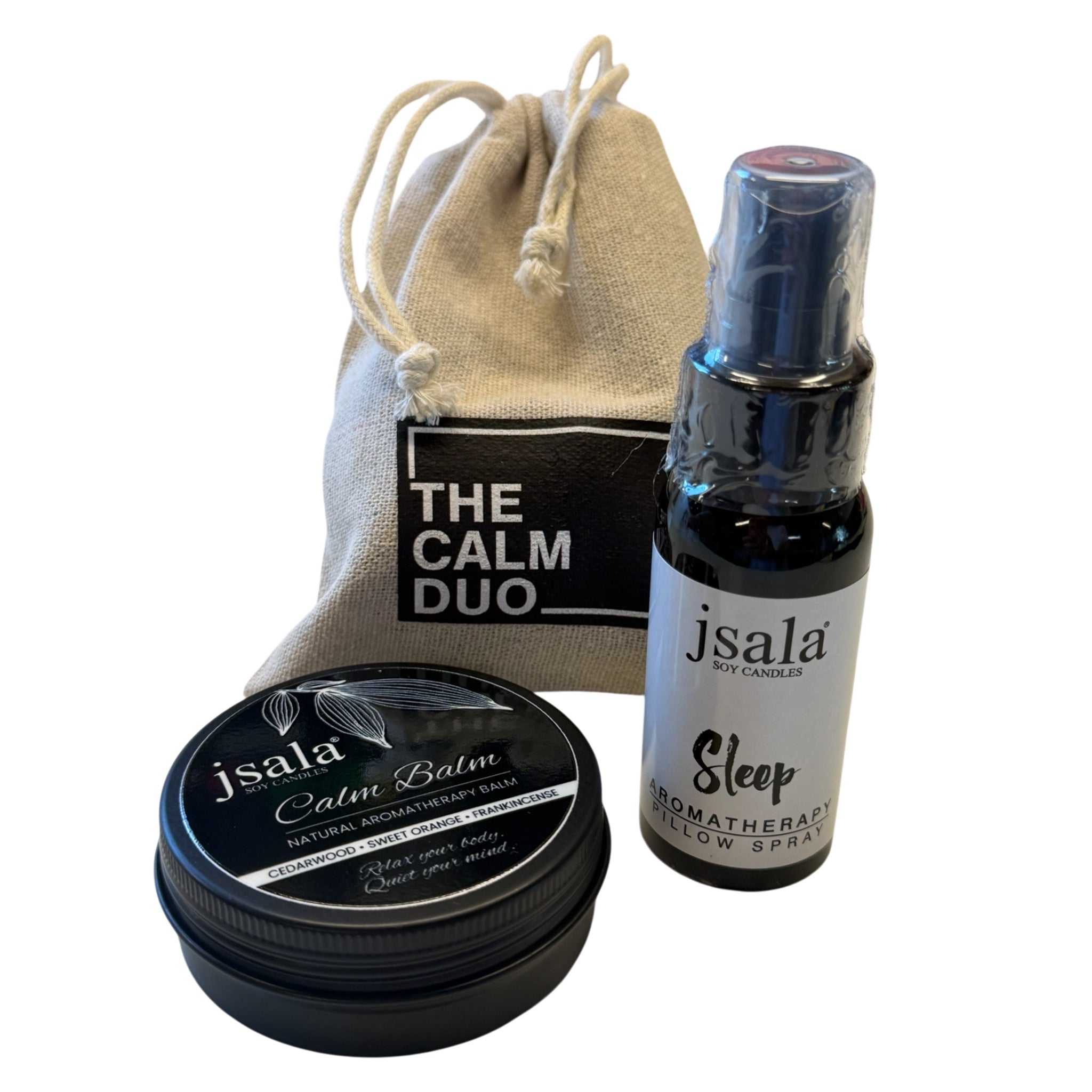 JSALA calming balm and spray with a drawstring bag labeled 'The Calm Duo' on a white background