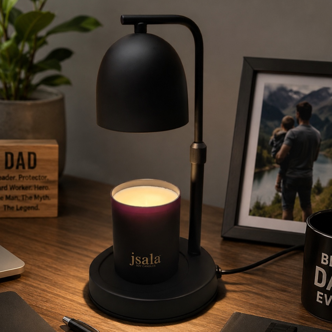 A matte black desk lamp with a dome-shaped shade and adjustable arm, shown beside a black candle jar on a wooden desk. The candle has a glowing cream-colored wax surface and the brand name 'jsala' is printed in gold near the base.