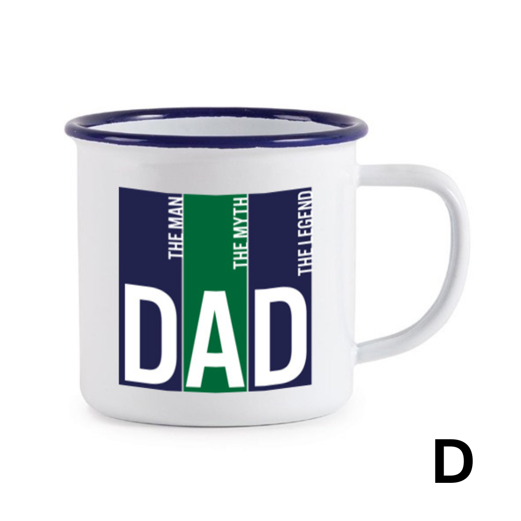 Mug with 'DAD' text and colorful design on a white background