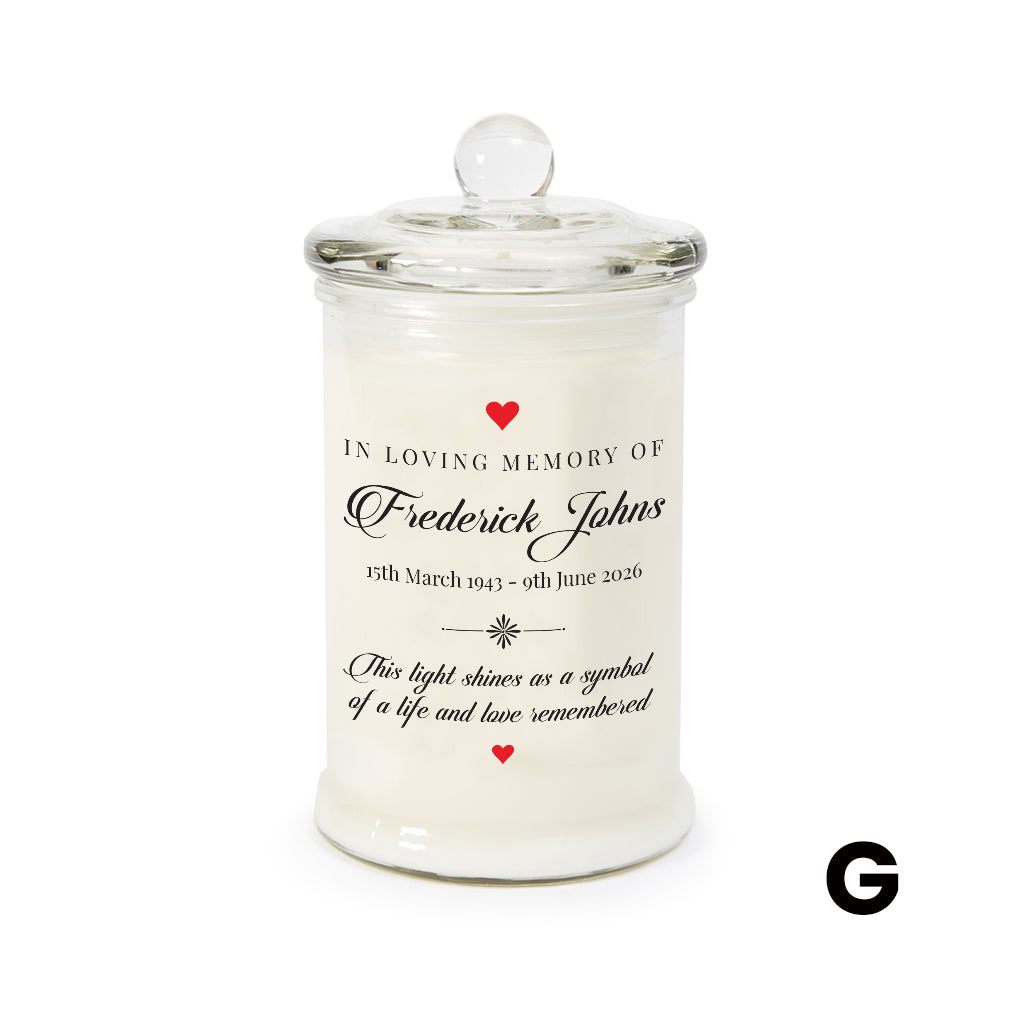 Memorial candle jar with personalised text on a white background