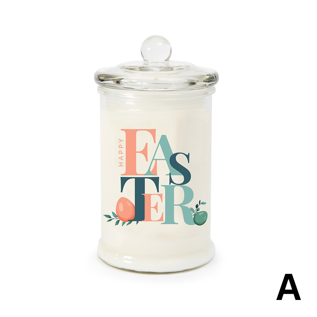 Glass jar with 'Happy Easter' text and decorative elements on a white background
