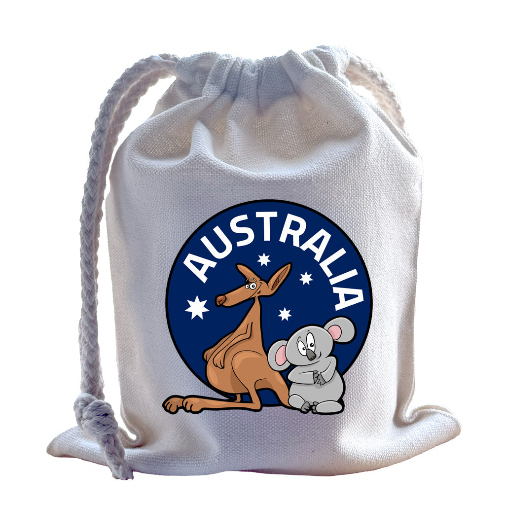Drawstring gift bag with a soy wax apothecary candle and koala-shaped goat milk soap, handcrafted in Australia by JSALA.