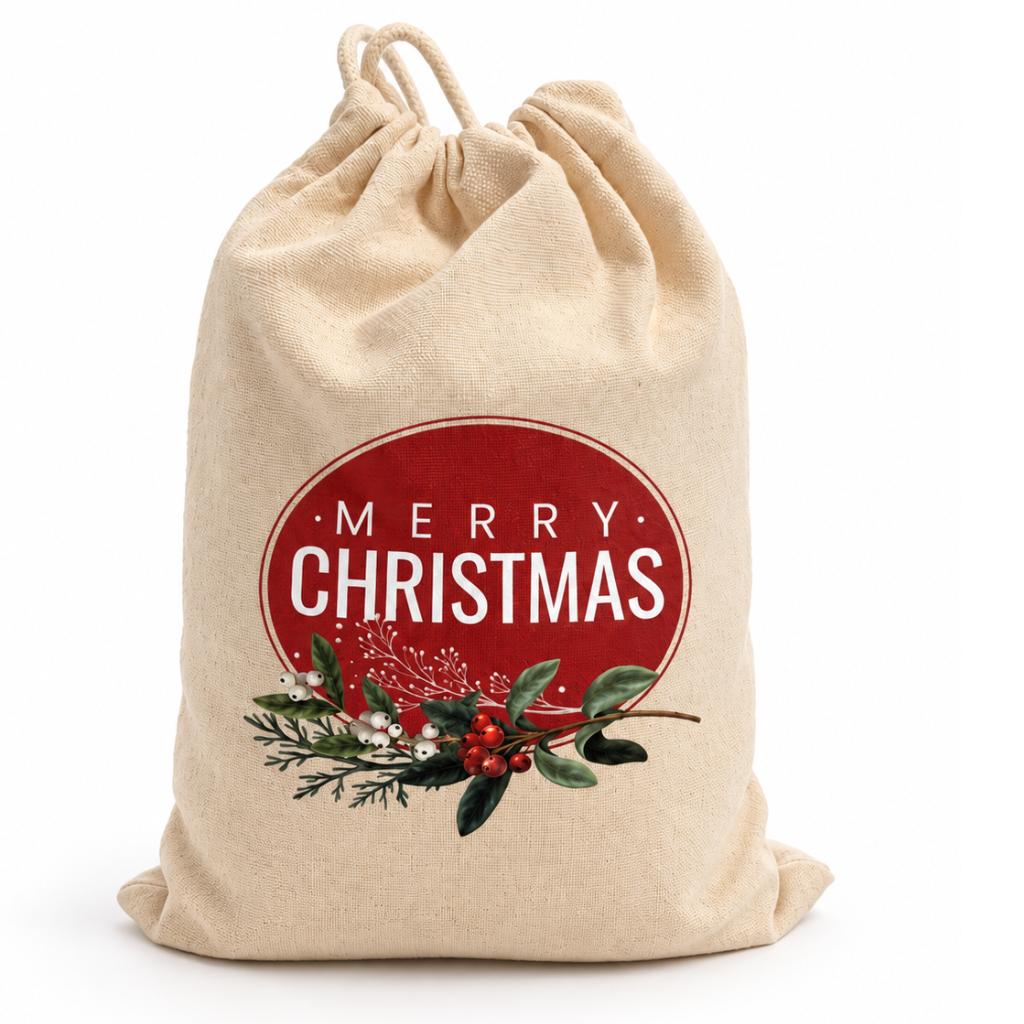 A natural beige canvas Santa sack with a drawstring closure, featuring a red circular 'MERRY CHRISTMAS' graphic and a green holly branch with red berries printed on the front, set against a plain white background.