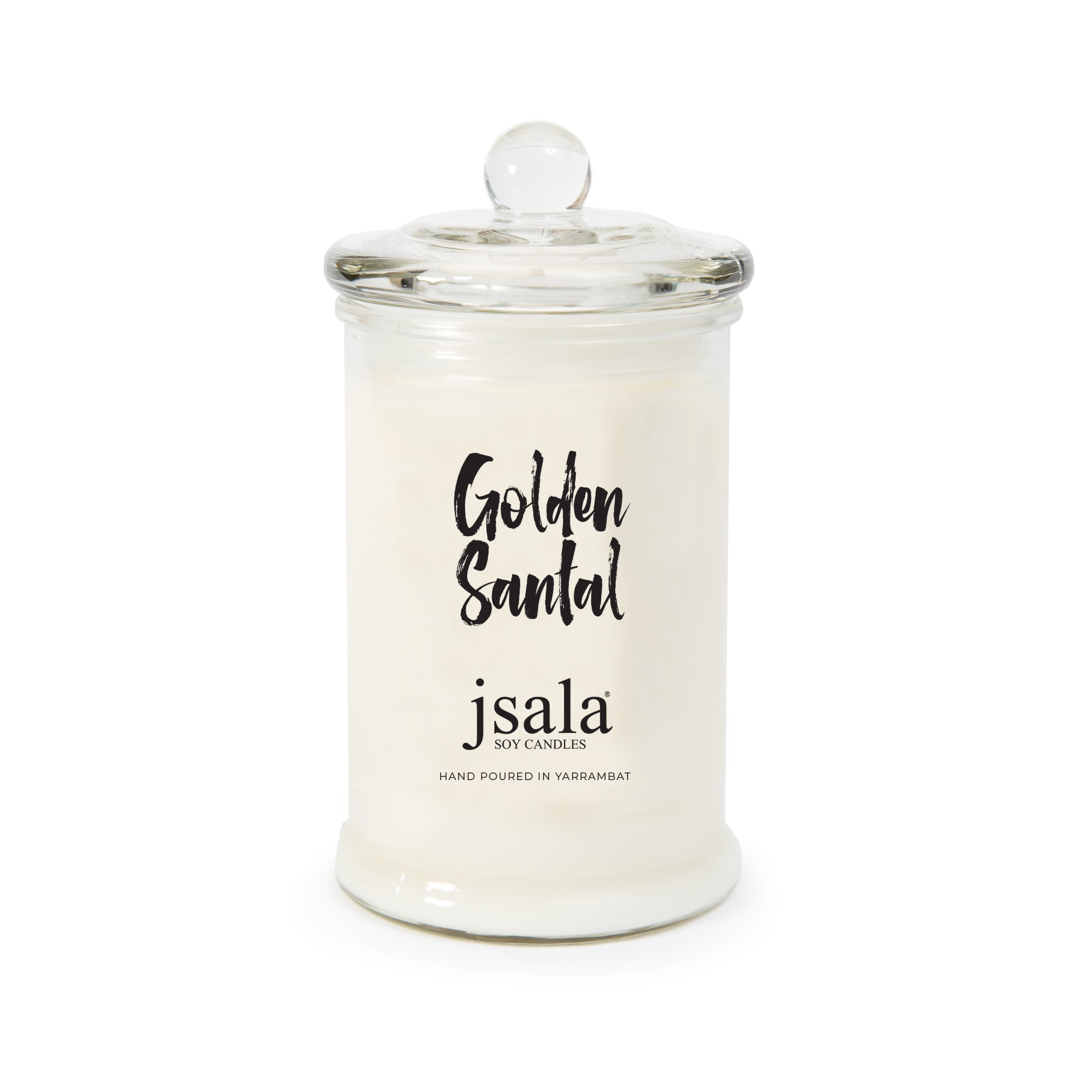Apothecary Candle jar labeled 'Golden Santal jsala' on a white background