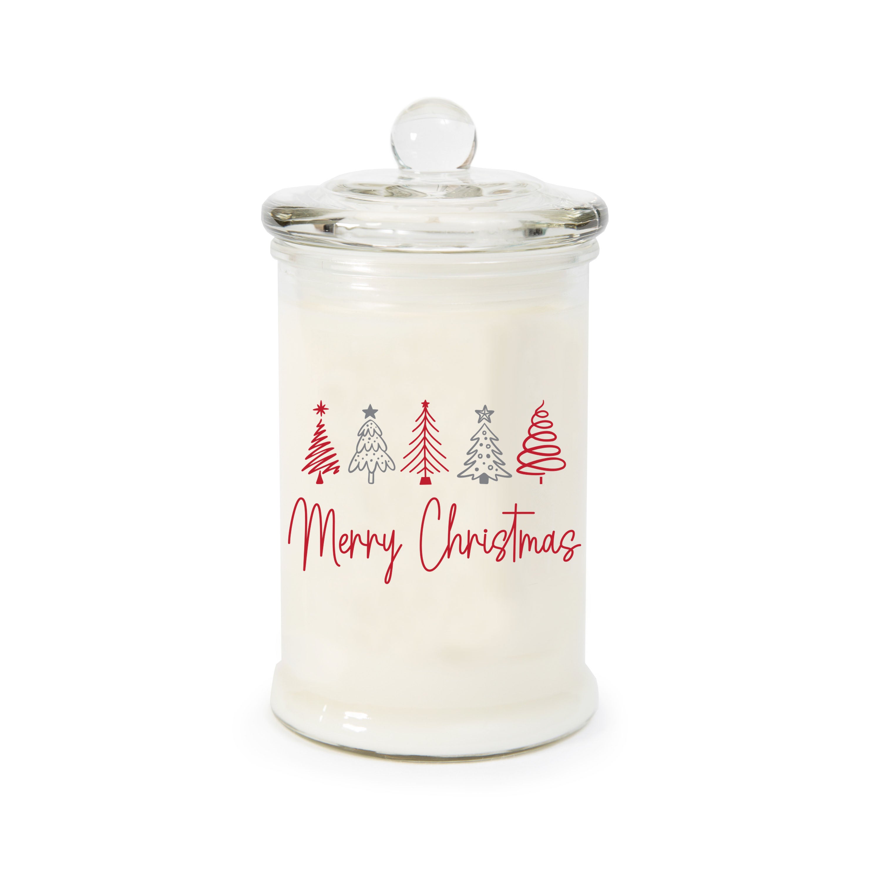 Apothecary candle jar with 'Merry Christmas' text and tree designs on a clear background