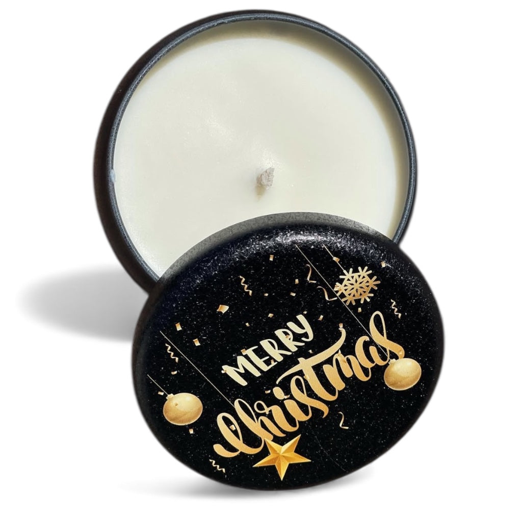 Candle in a black container with 'Merry Christmas' text on a white background