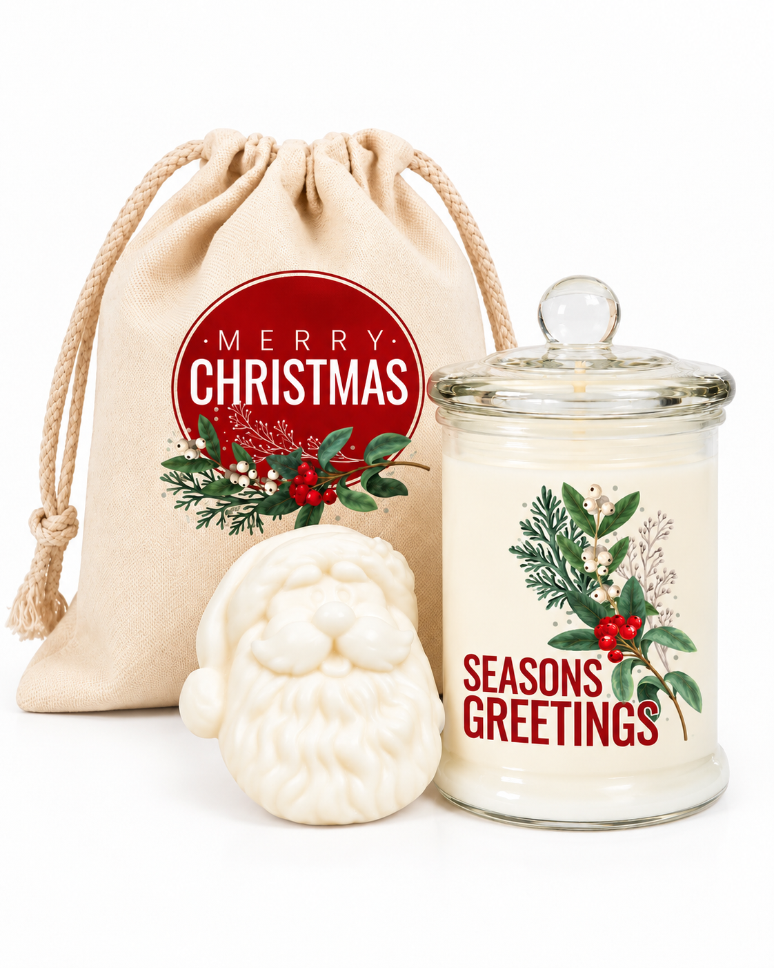 A gift pack including a candle with a "Season's Greetings" design, a Santa soap, and a drawstring bag with a "Merry Christmas" design.