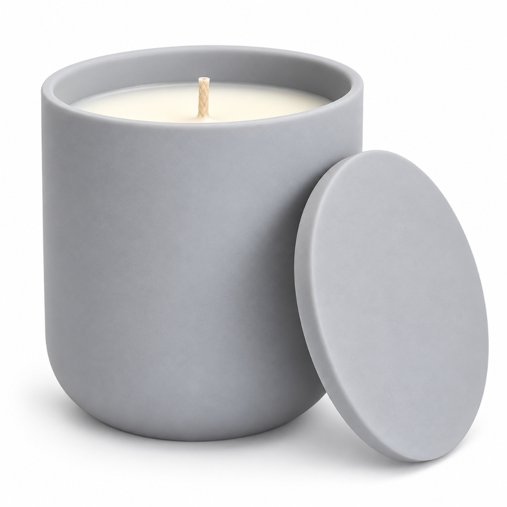 A matte gray ceramic candle jar with a single wick and white wax, shown with its matching round lid leaning against it on a white background.