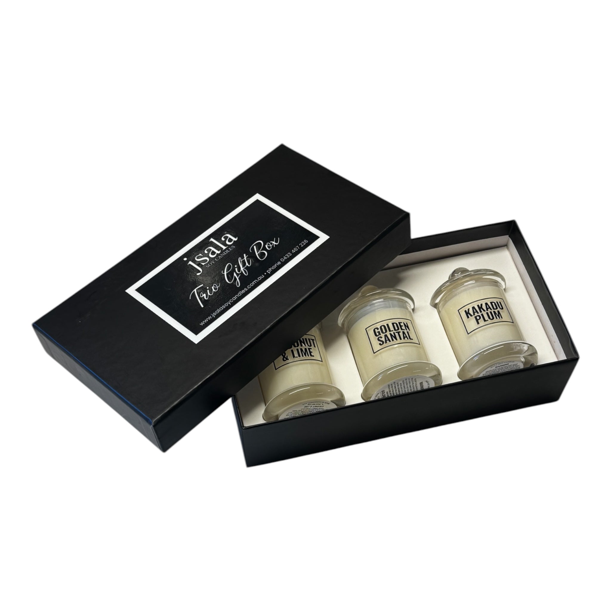 Three small jars in a black gift box with 'Jsala' branding on a white background.