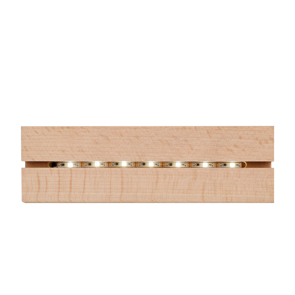 wooden base LED shown here, A natural beechwood LED base, featuring a transparent square glass sheet ready for custom printing, ideal for displaying photos or messages.