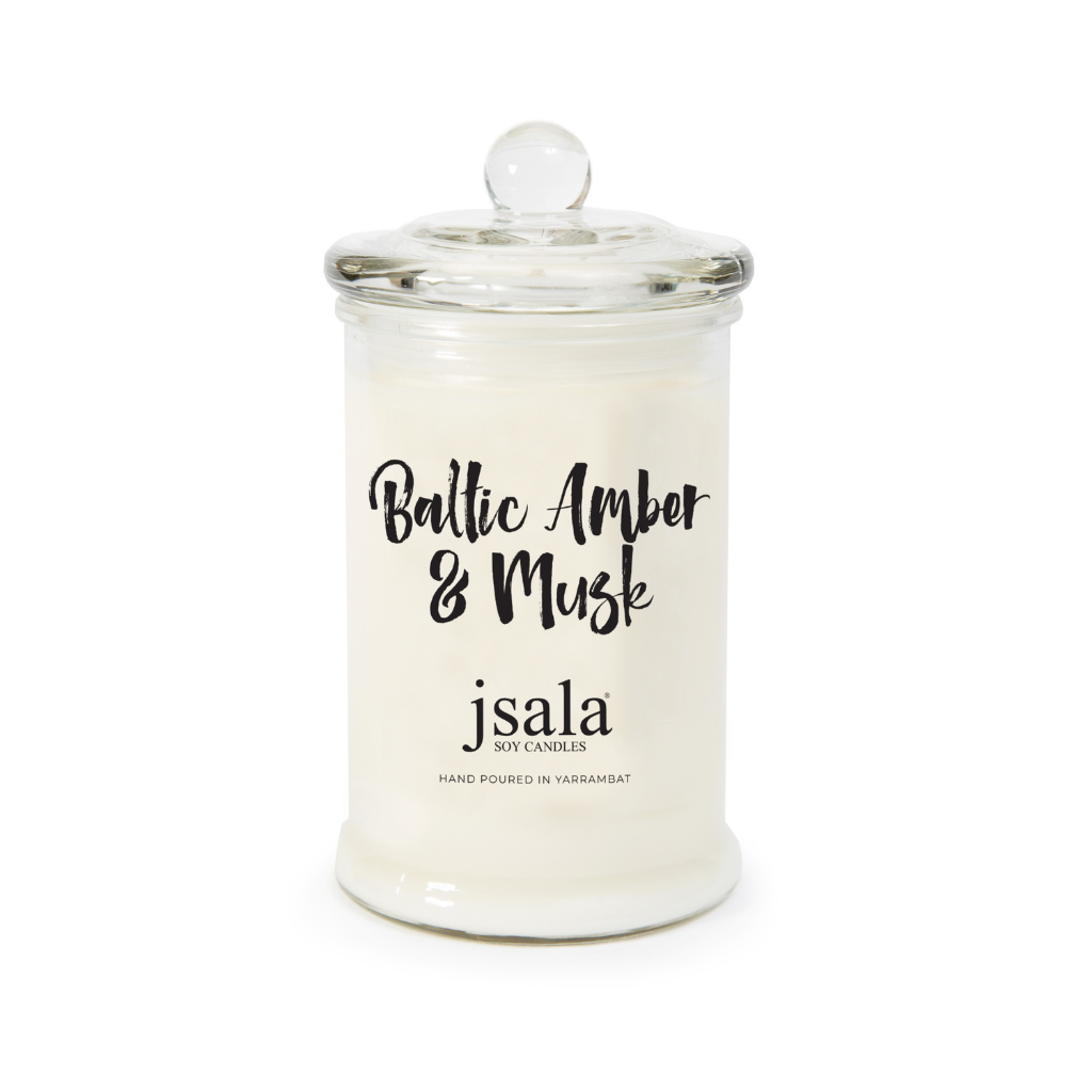 Glass Apothecary jar with Baltic Amber and Musk fragranced candle by Jsala Soy Candles