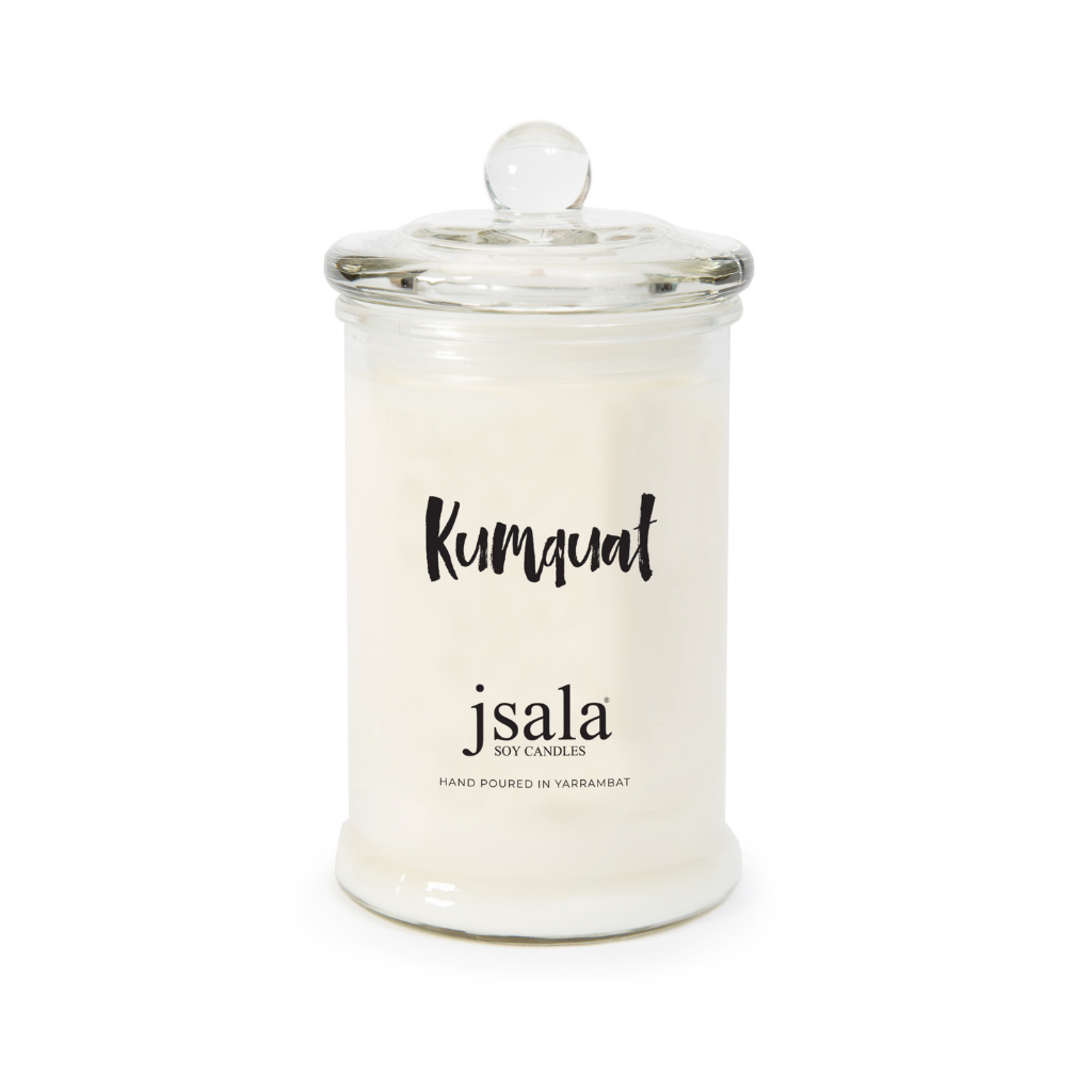Glass Apothecary jar with Kumquat fragranced candle by Jsala Soy Candles