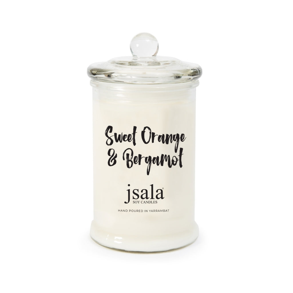 Glass Apothecary jar with Sweet Orange and Bergamot fragranced candle
