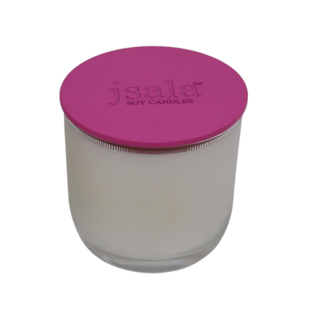Clear Ribbed candle glassware with a pink lid.
