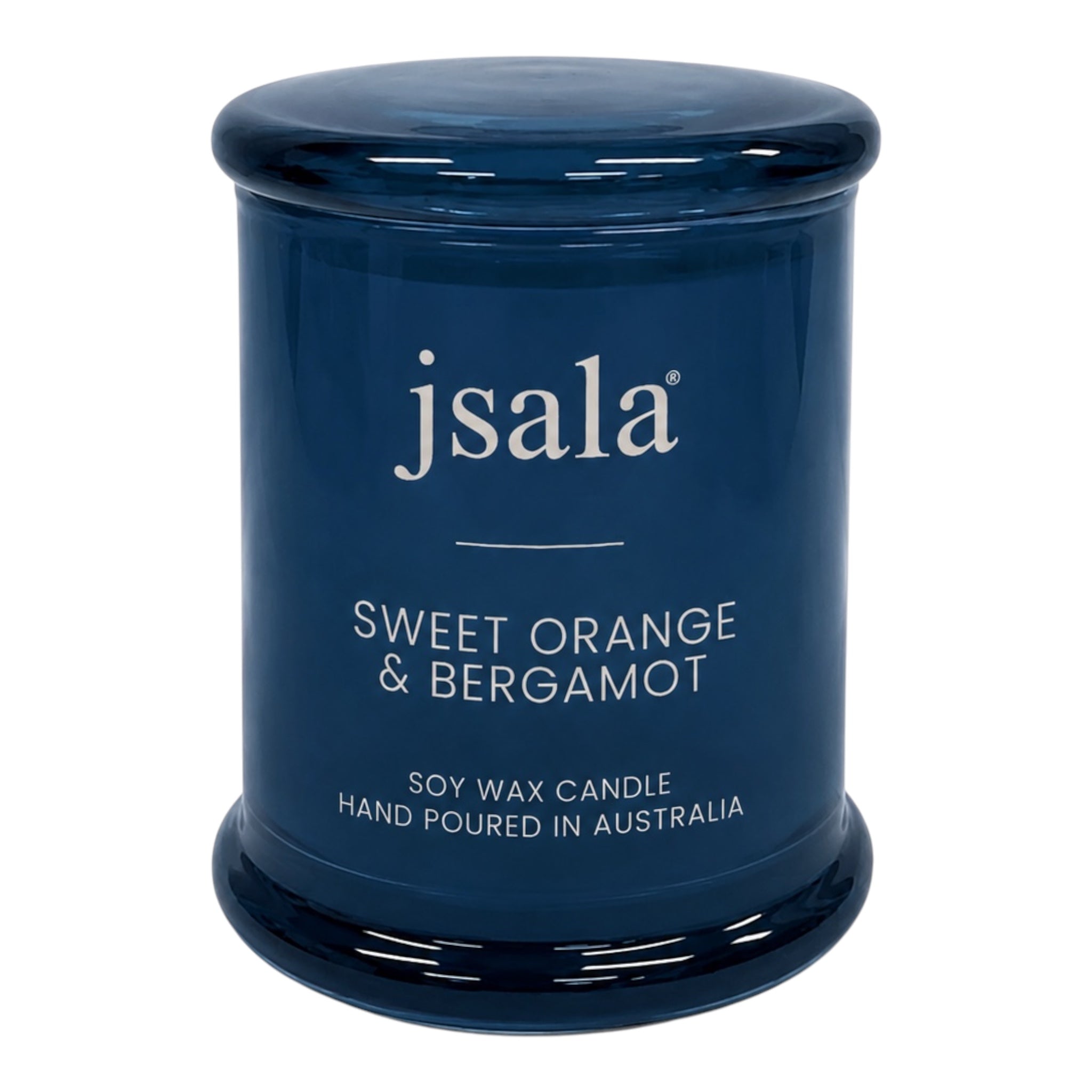 Blue candle jar with 'jsala' branding and product details on a white background $30 