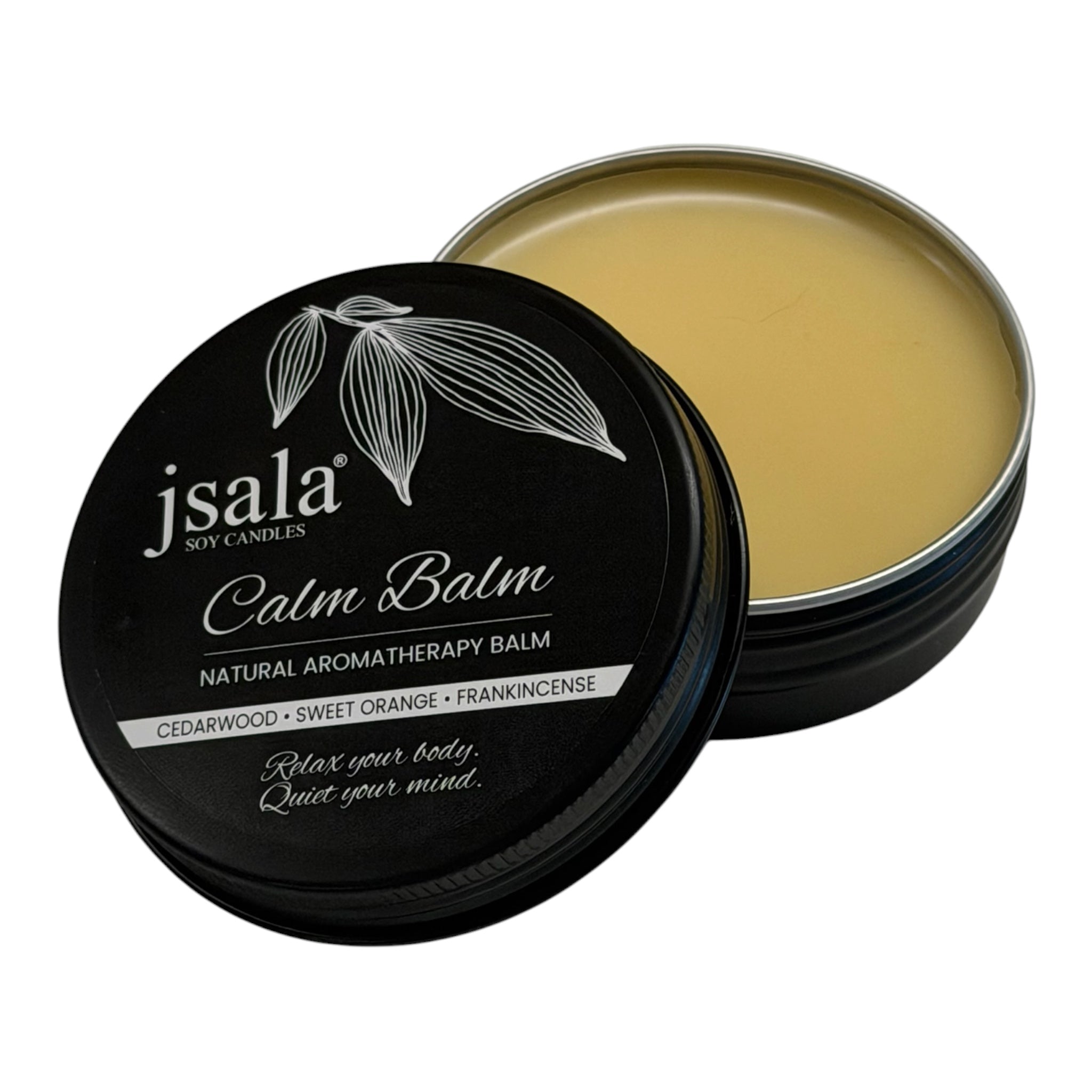 jsala Calm Balm with black lid on a white background