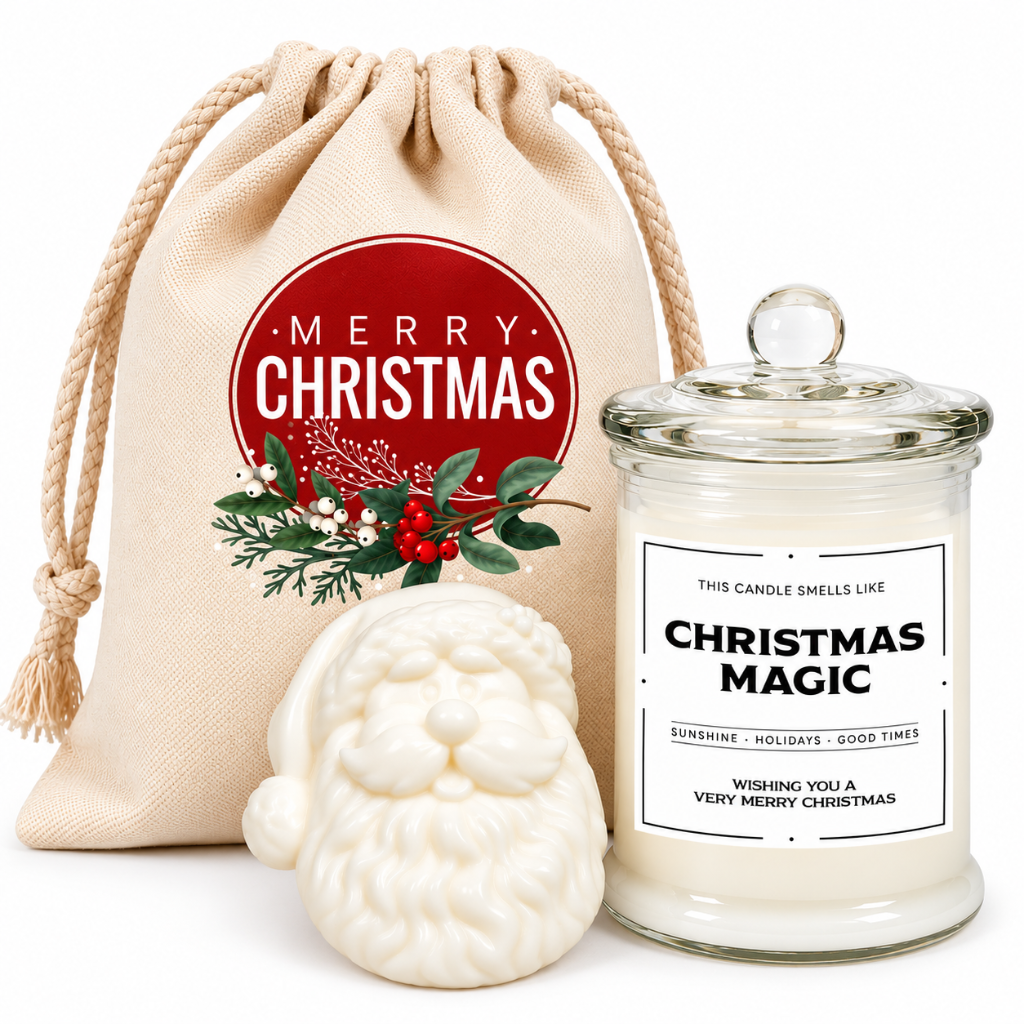 A Christmas-themed candle gift set on a white background, featuring a beige drawstring pouch with a red 'Merry Christmas' print, a glass jar candle labeled 'Christmas Magic', and a white ceramic Santa face candle.
