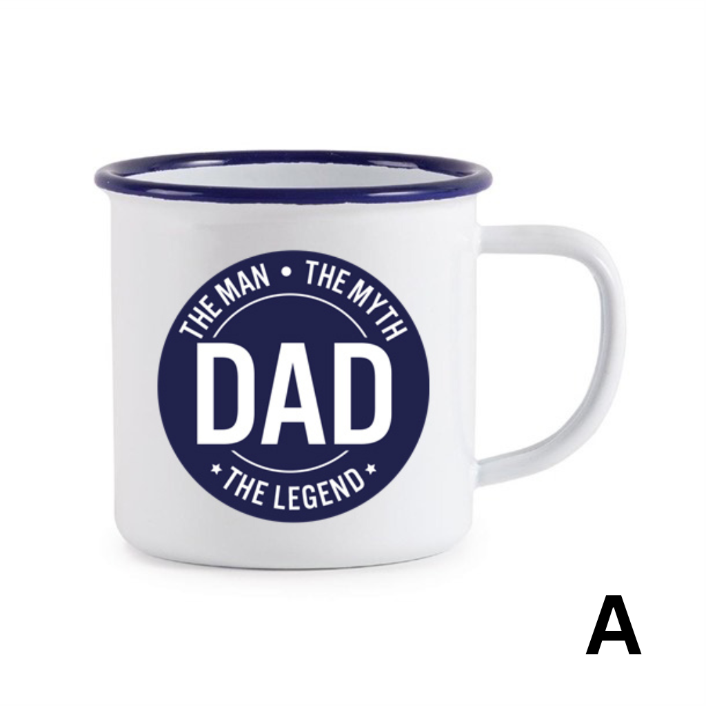 White enamel camp mug with blue interior and handle, featuring a circular design with text on a white background. Design A