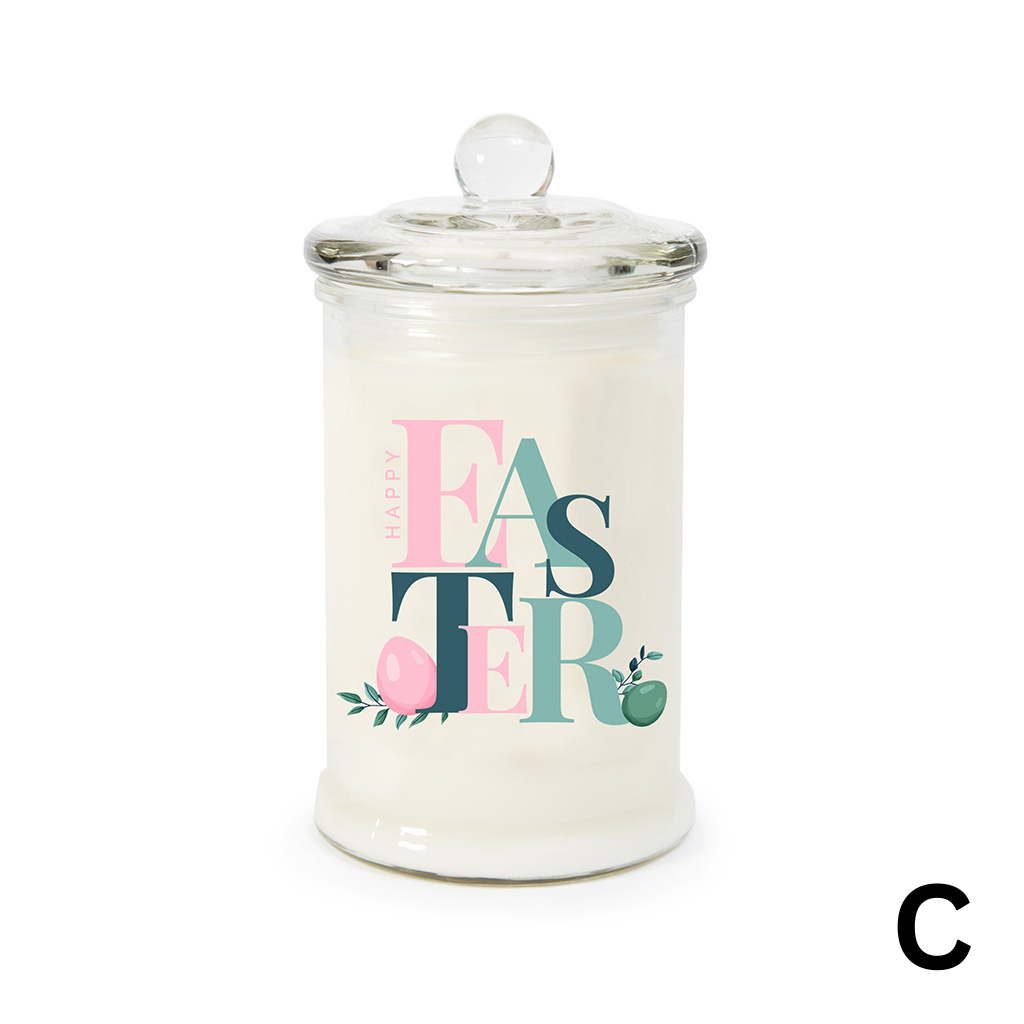 Glass jar with 'Happy Easter' text and decorative elements on a white background