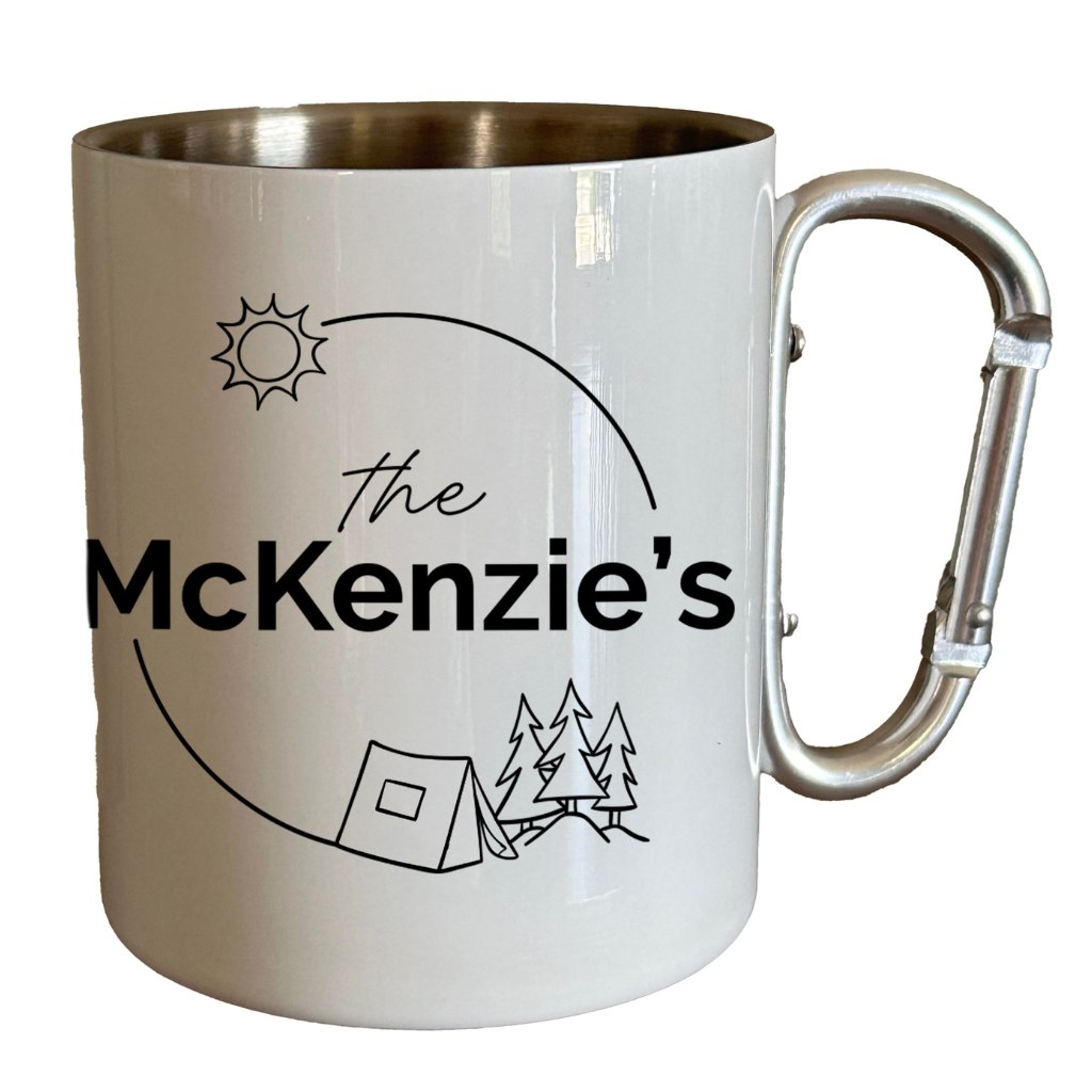 It features a carabiner handle to easily attach the mug to backpacks and bags. Tent Design Camp Mug