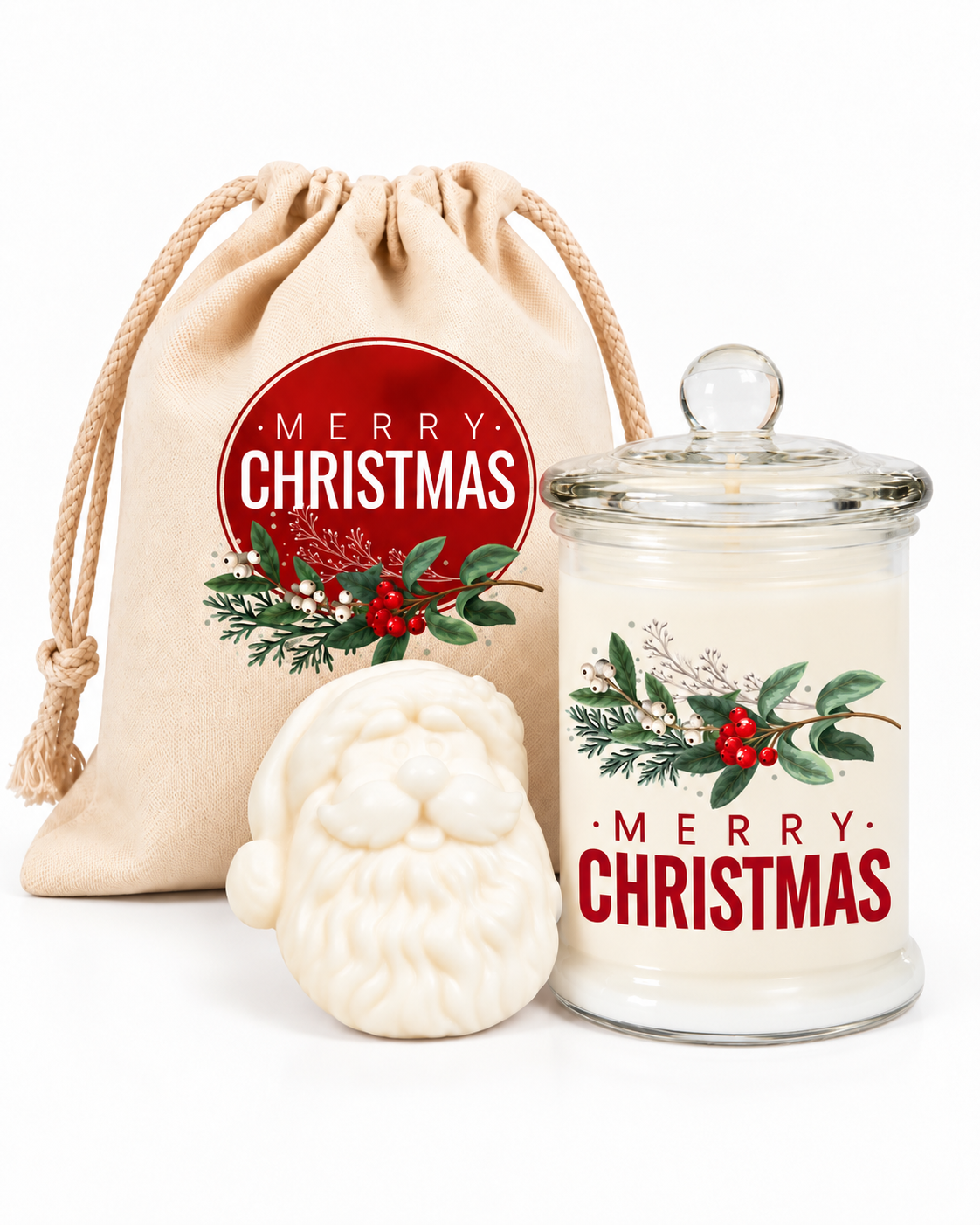 A gift pack including a candle with a "Merry Christmas" design, a Santa soap, and a drawstring bag with a "Merry Christmas" design.