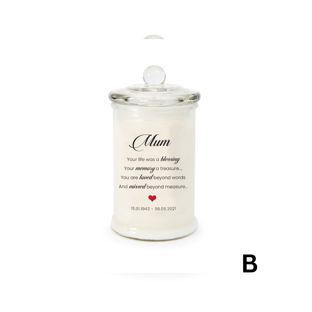 Example of Jsala Personalised Memorial Candle in Apothecary glassware (B)