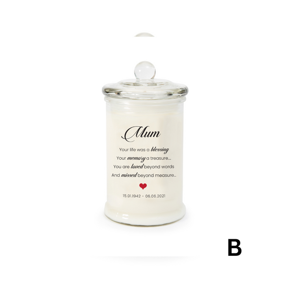 Example of Jsala Personalised Memorial Candle in Apothecary glassware (B)
