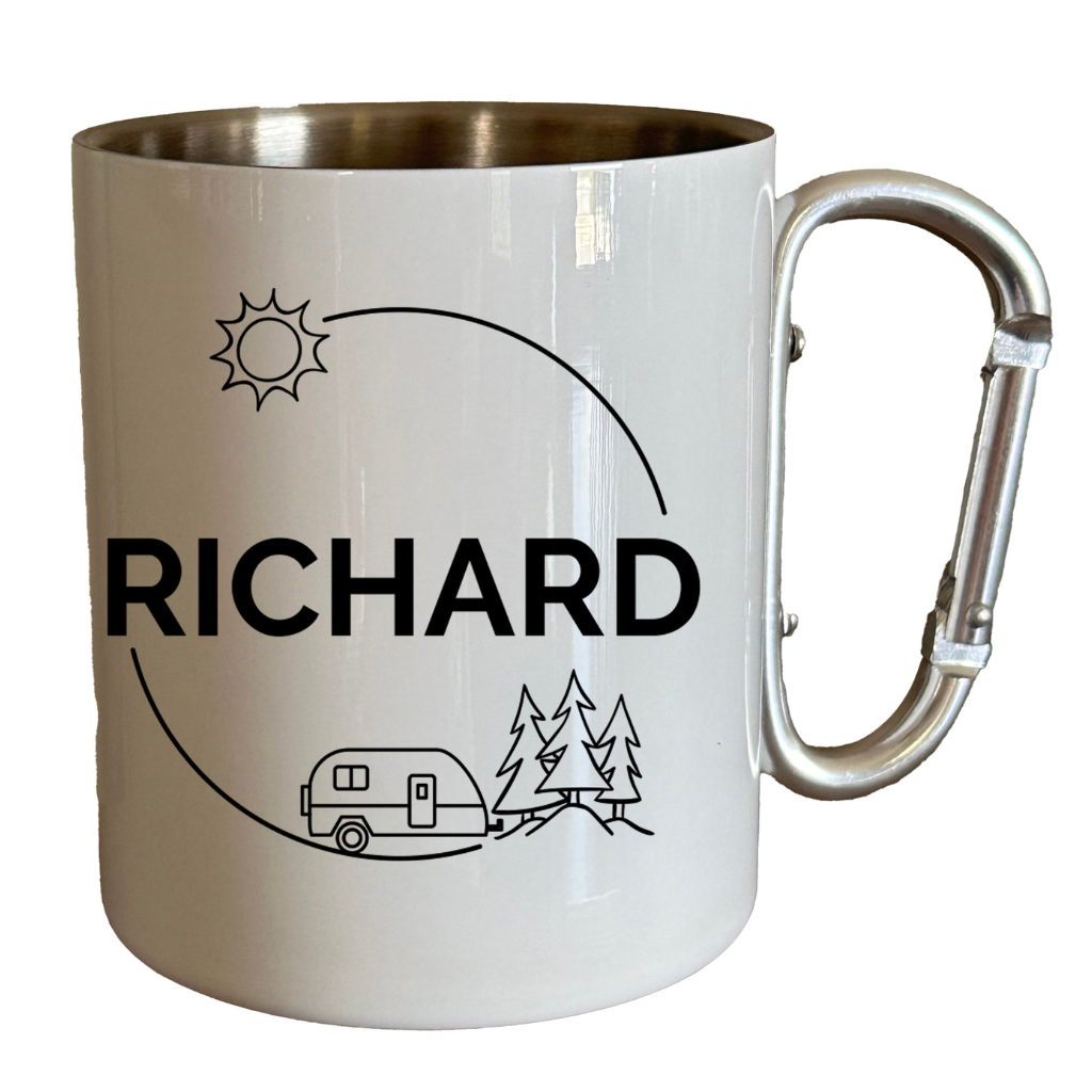 It features a carabiner handle to easily attach the mug to backpacks and bags. Caravan design mug 