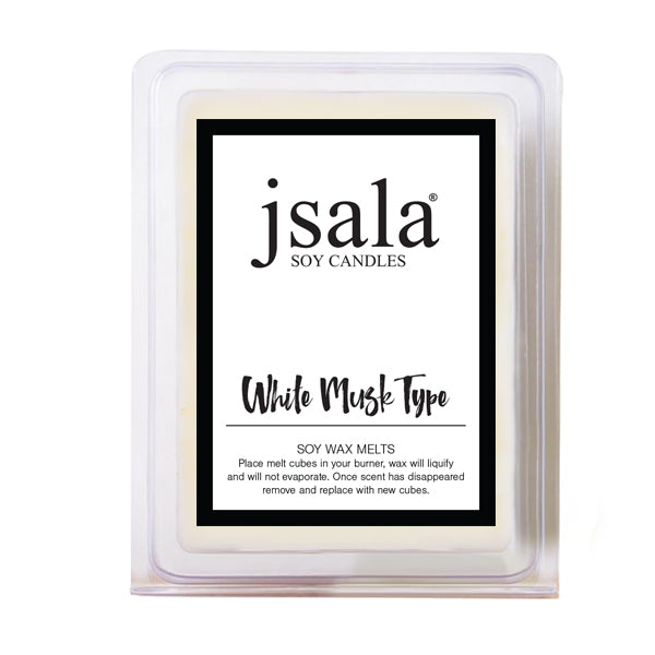 White musk-inspired soy wax melts with floral and musk fragrance notes, styled for a soft and romantic home setting.
