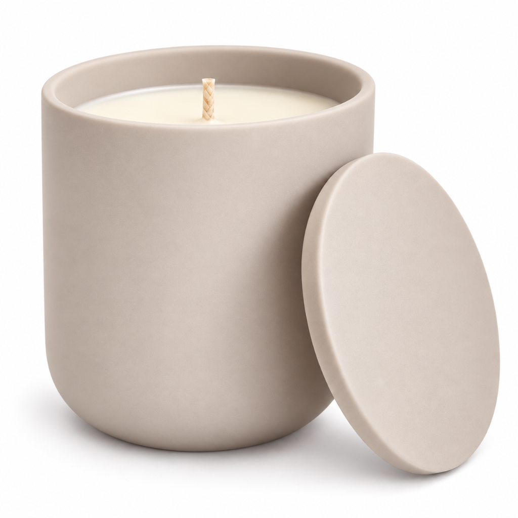 A matte ceramic candle jar in a warm light beige color with a matching lid leaning against it on a white background.