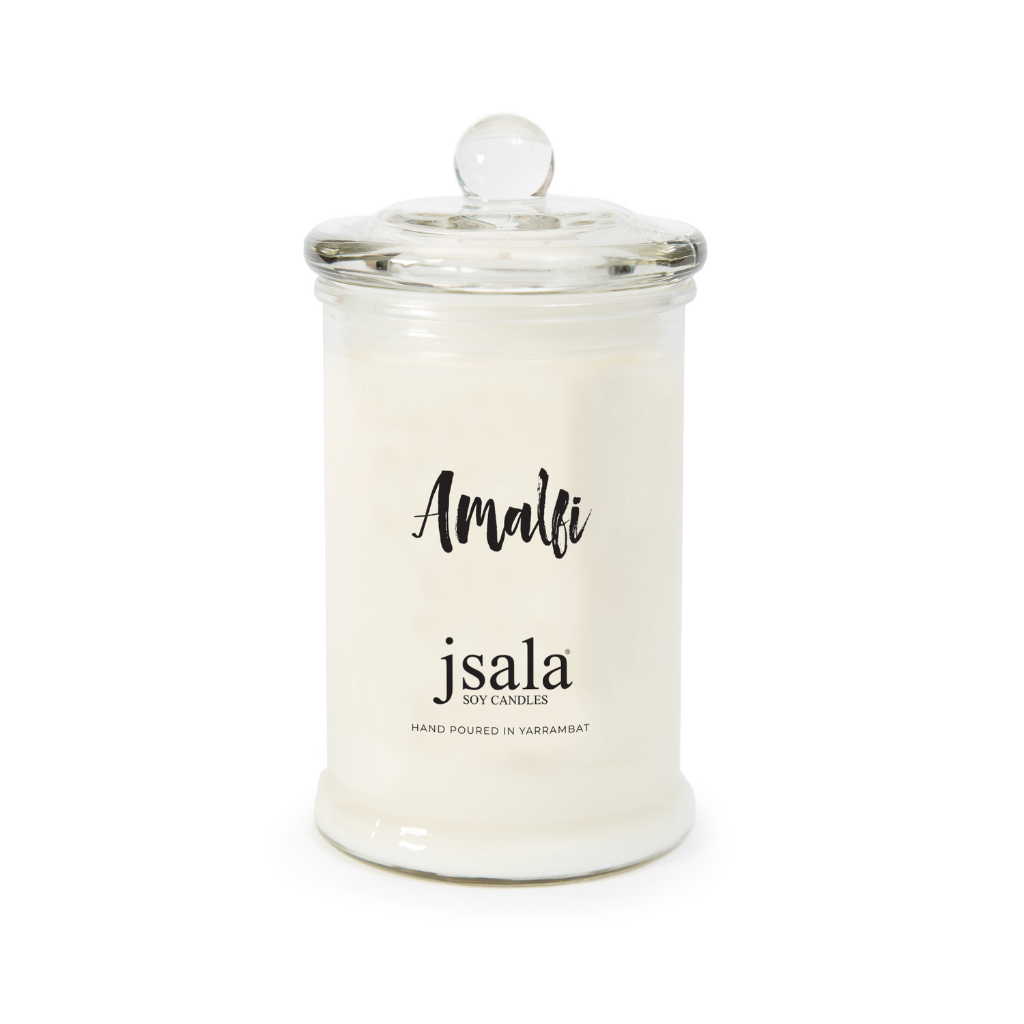 Glass Apothecary jar with Amalfi fragranced candle by Jsala Soy Candles