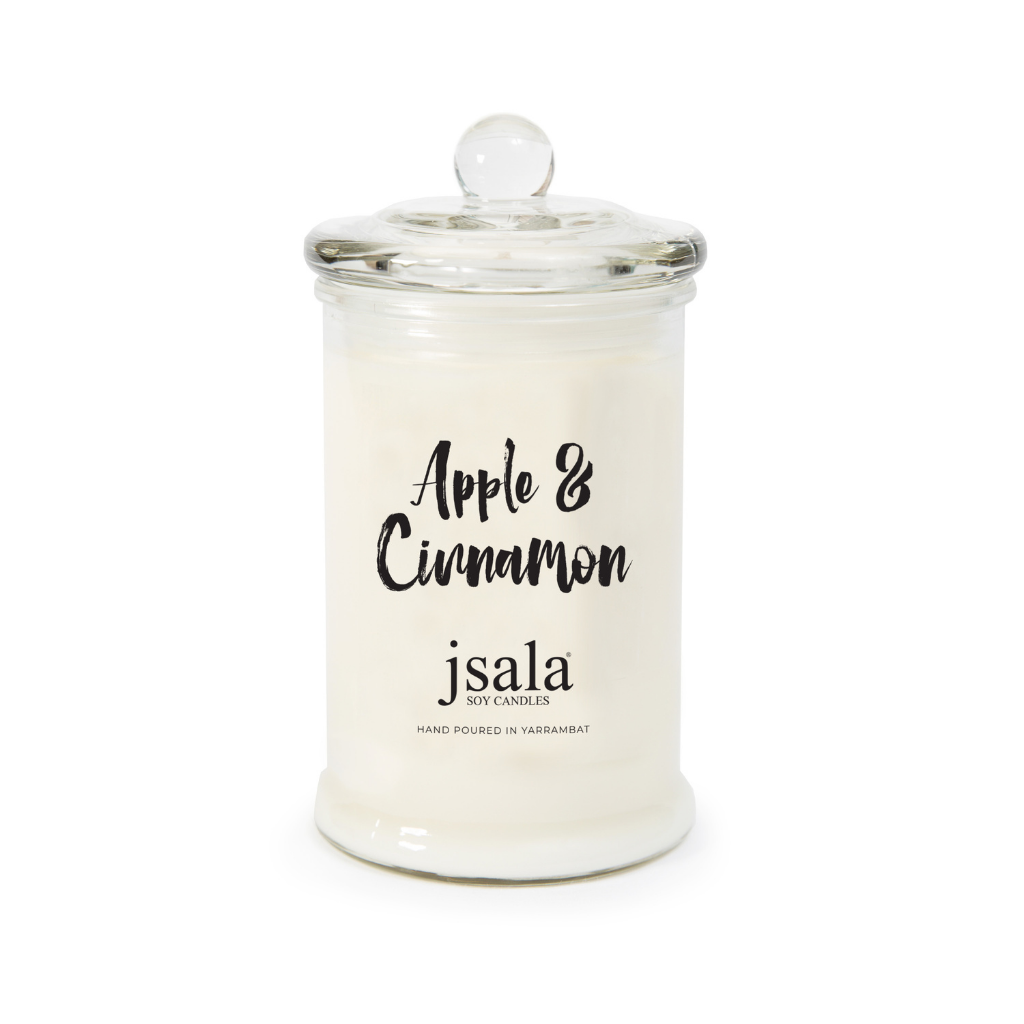 Glass Apothecary jar with Apple Cinnamon fragranced candle by Jsala Soy Candles