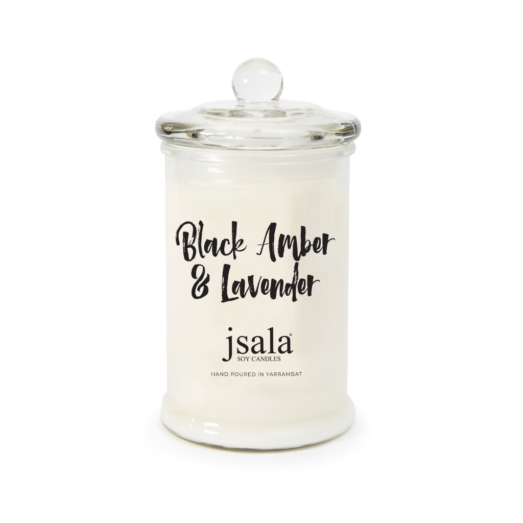 Glass Apothecary jar with Black Amber and Lavender fragranced candle by Jsala Soy Candles