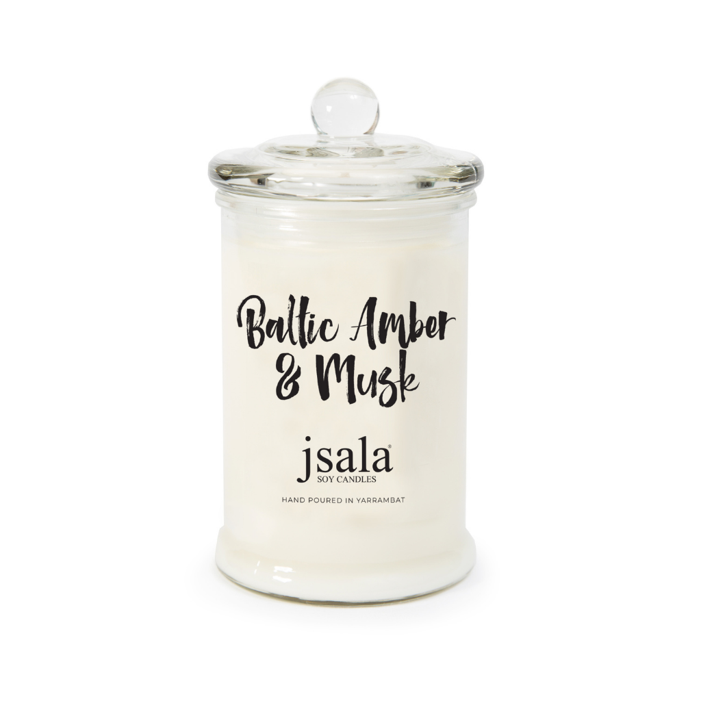 Glass Apothecary jar with Baltic Amber  and Musk fragranced candle by Jsala Soy Candles