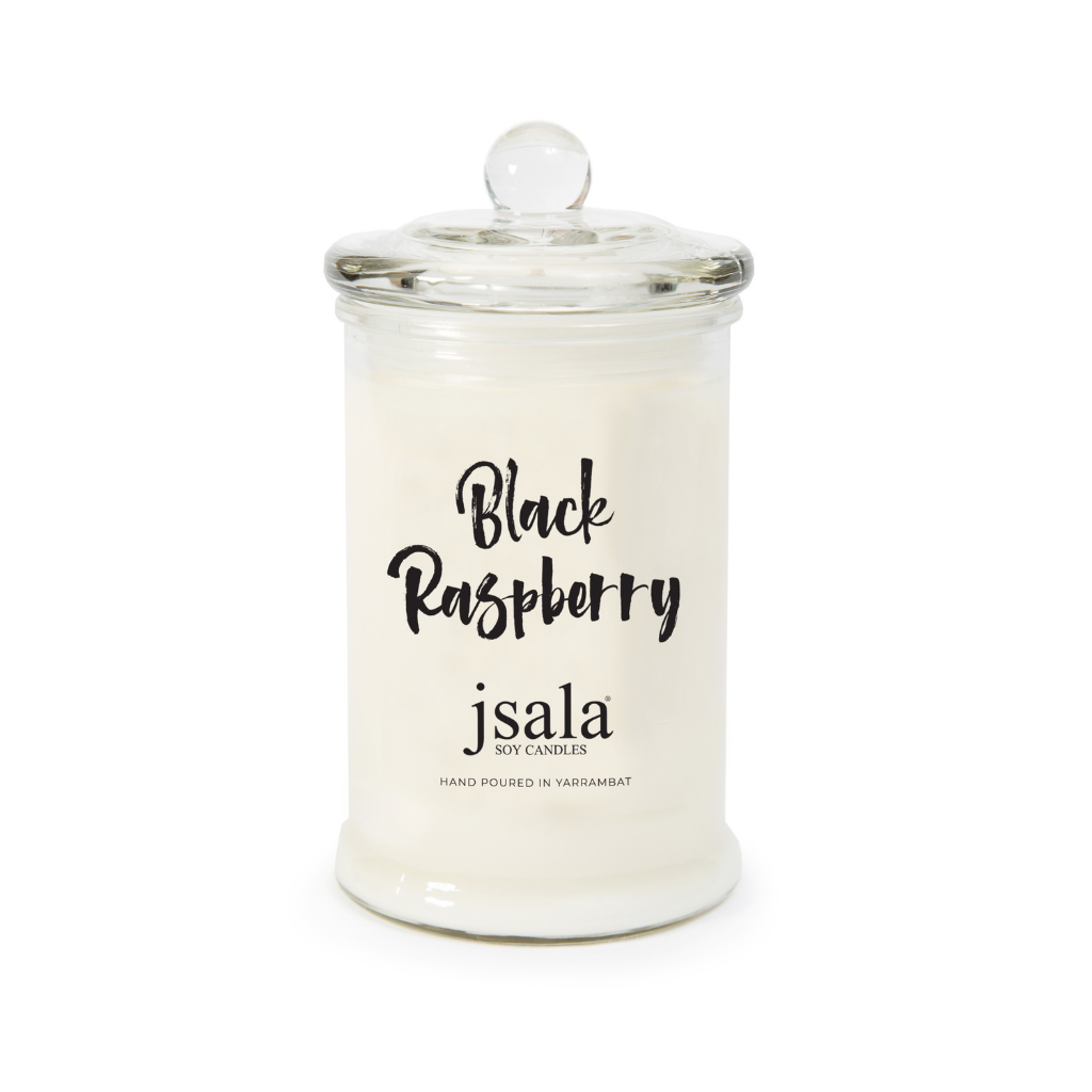 Glass Apothecary jar with Black Raspberry fragranced candle by Jsala Soy Candles