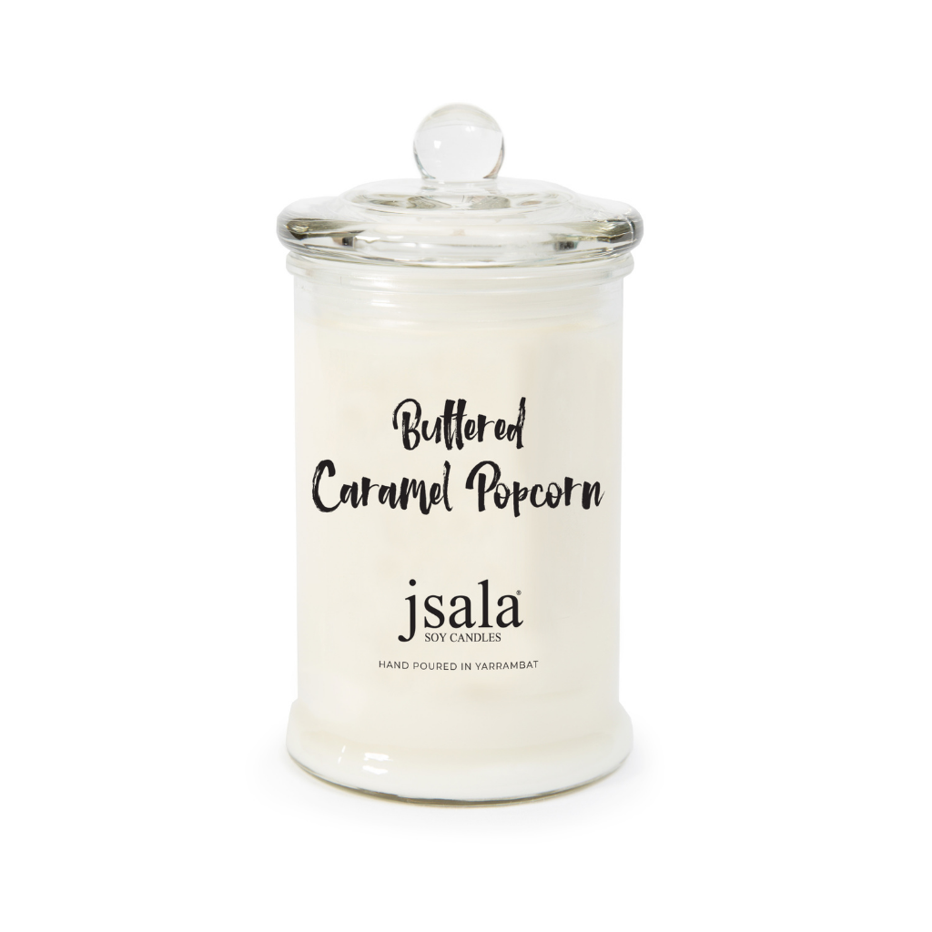 Glass Apothecary jar with Buttered Caramel Popcorn fragranced candle by Jsala Soy Candles