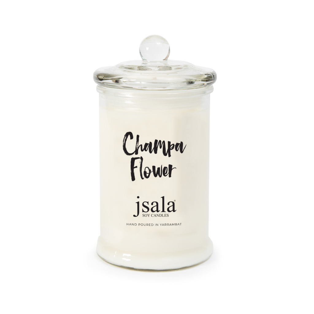 Glass Apothecary jar with Champa Flower fragranced candle by Jsala Soy Candles