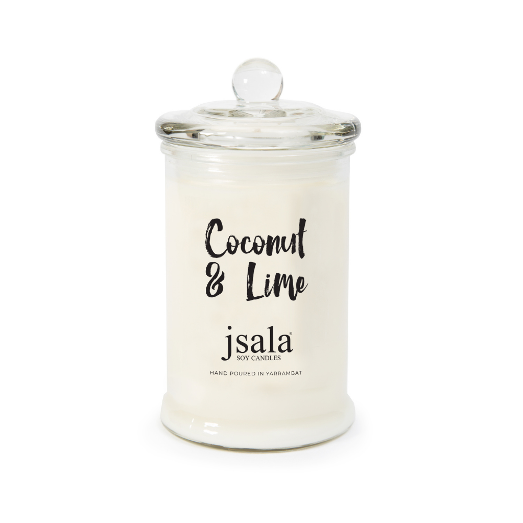 Glass Apothecary jar with Coconut Lime fragranced candle by Jsala Soy Candles