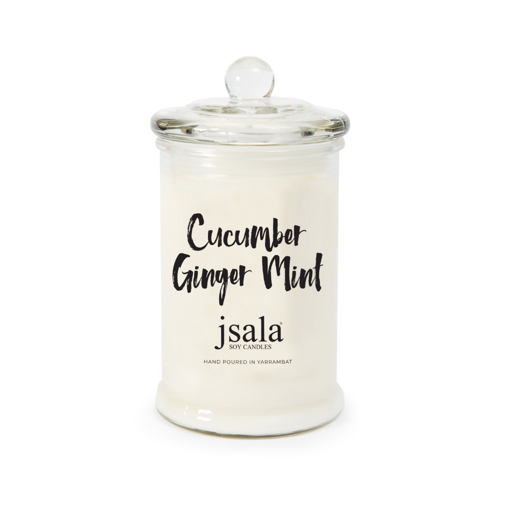 Glass Apothecary jar with Cucumber, Ginger and Mint fragranced candle by Jsala Soy Candles