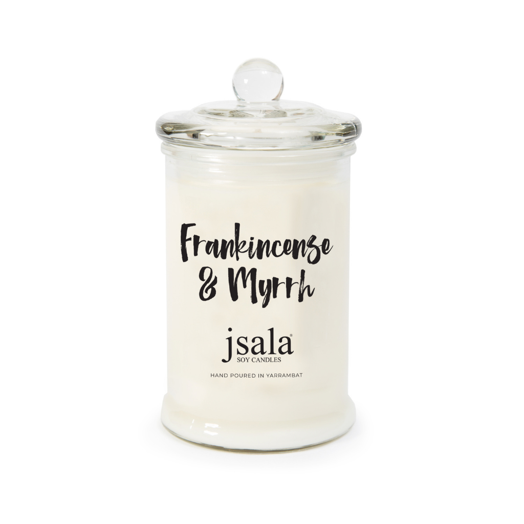 Glass Apothecary jar with Frankincense and Myrrh fragranced candle by Jsala Soy Candles