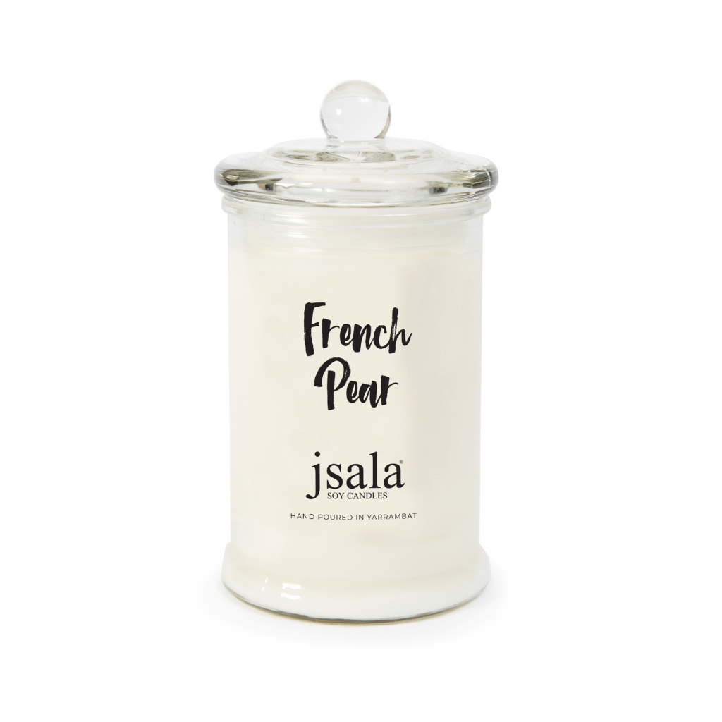 Glass Apothecary jar with French Pear fragranced candle by Jsala Soy Candles