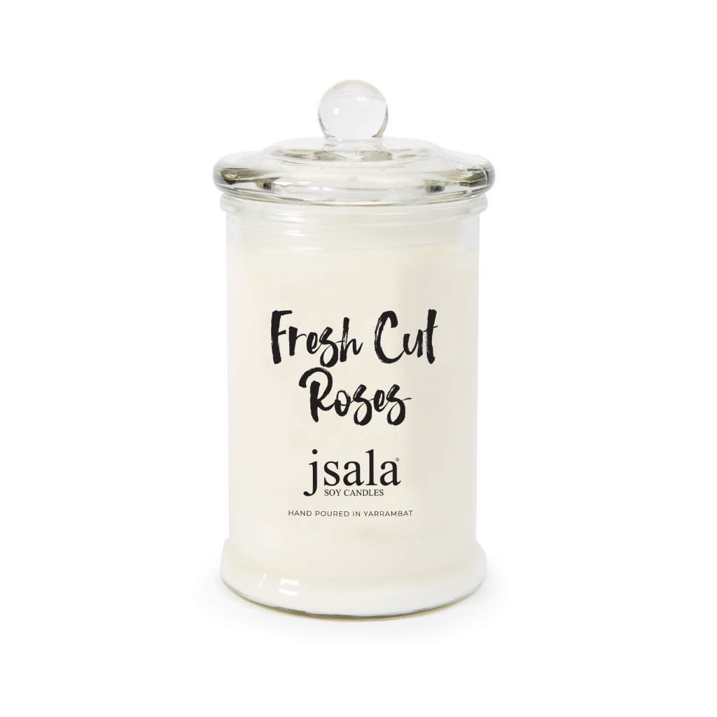Glass Apothecary jar with Fresh Cut Roses fragranced candle by Jsala Soy Candles