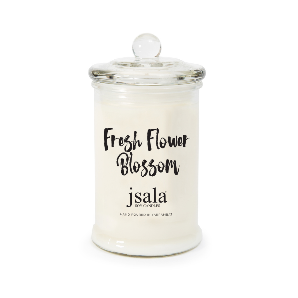 Glass Apothecary jar with Fresh Flower Blossom fragranced candle by Jsala Soy Candles