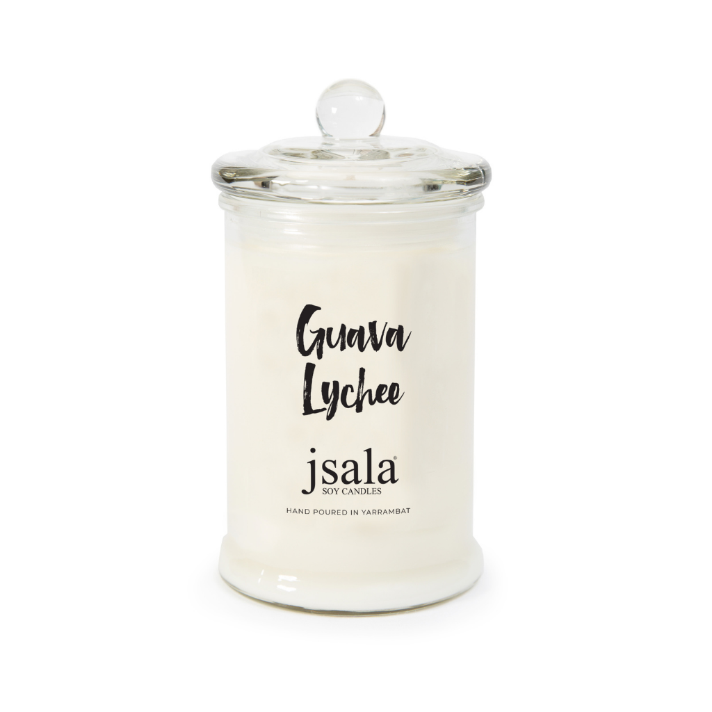 Glass Apothecary jar with Guava Lychee fragranced candle by Jsala Soy Candles
