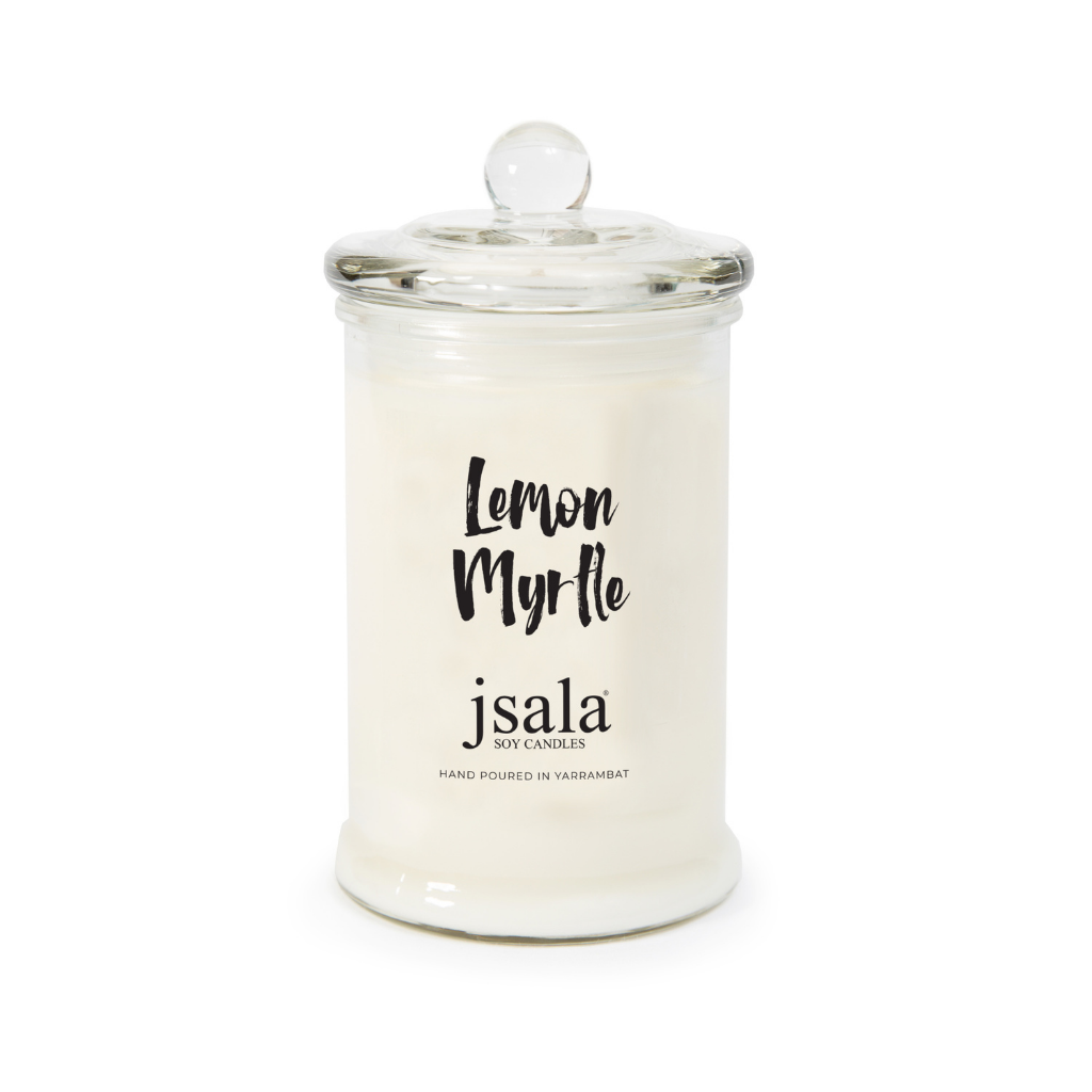 Glass Apothecary jar with Lemon Myrtle fragranced candle by Jsala Soy Candles