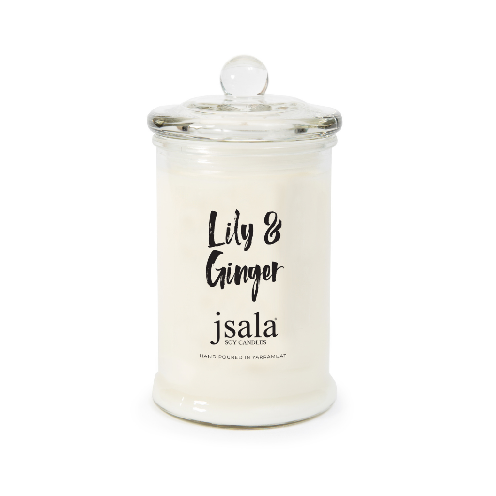 Glass Apothecary jar with Lily and Ginger fragranced candle by Jsala Soy Candles