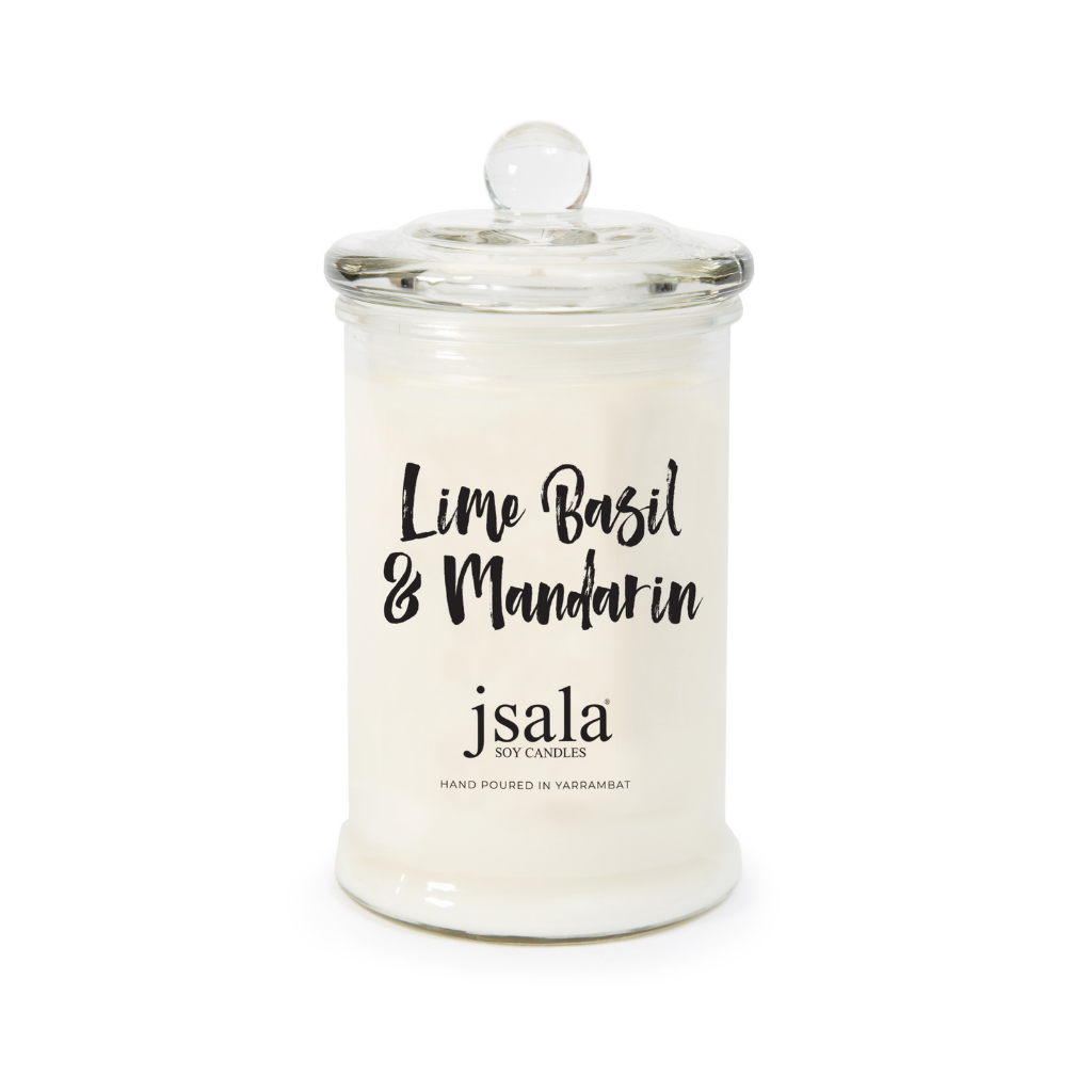 Glass Apothecary jar with Lime, Basil and Madarin fragranced candle by Jsala Soy Candles