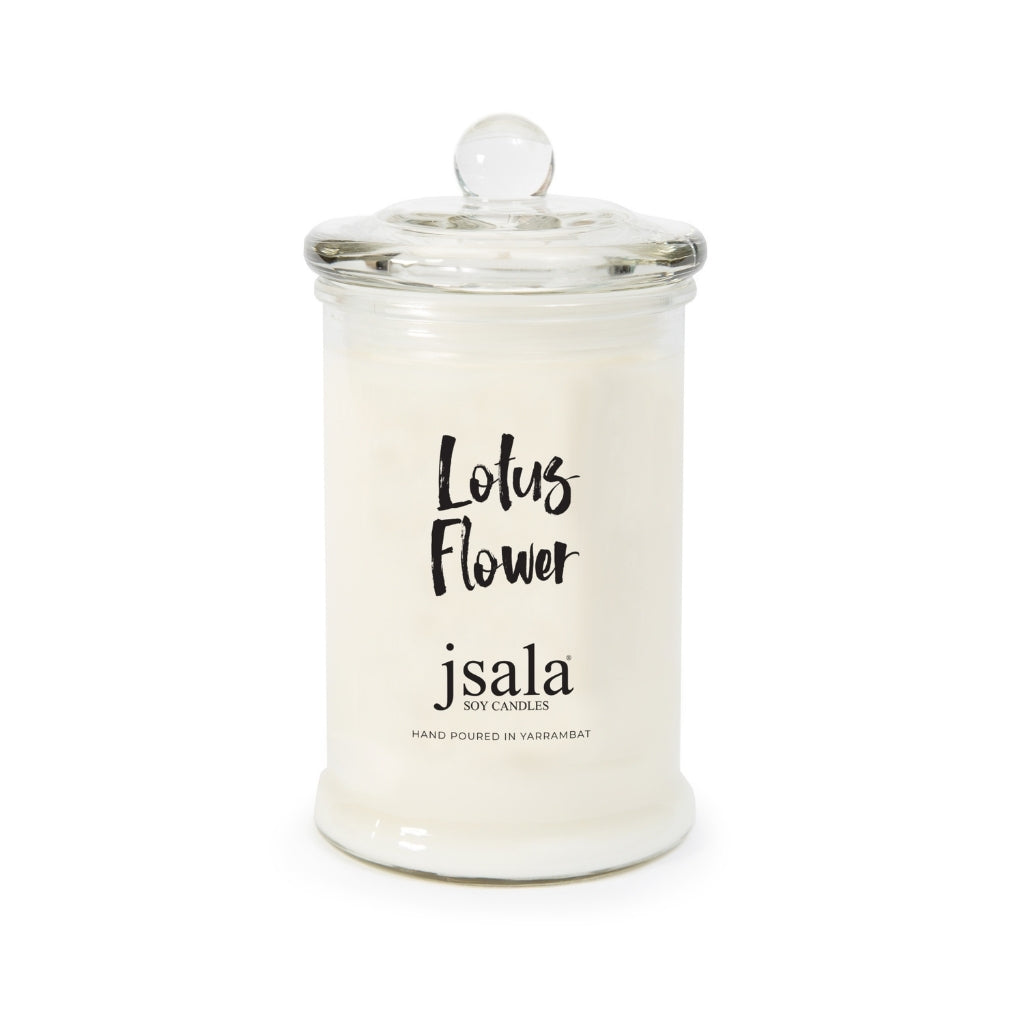 Glass Apothecary jar with Lotus Flower fragranced candle by Jsala Soy Candles
