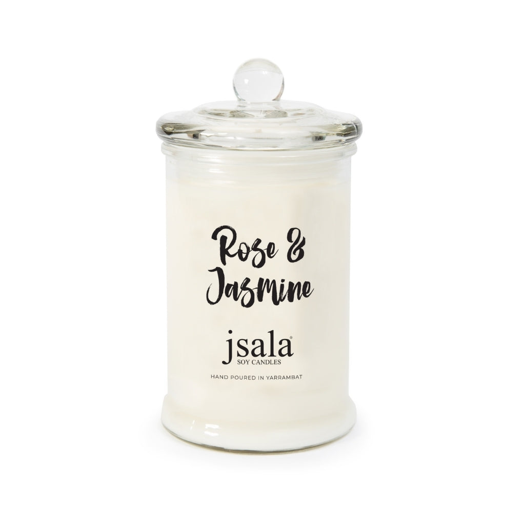 Glass Apothecary jar with Rose and Jasmine fragranced candle by Jsala Soy Candles